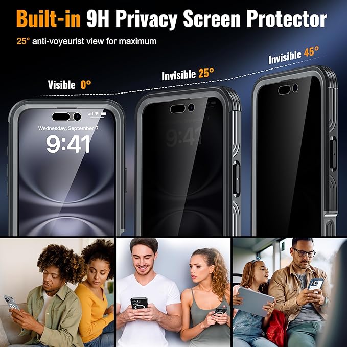 360° Protection Magnetic for iPhone 16 Case Built-in 9H Privacy Screen Protector & Metal Stand[Fit for Magsafe][Anti-Spy][Lens Protector] Heavy Duty Shockproof Phone Case for iPhone 16(Black)