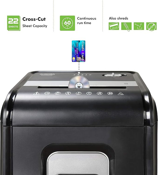 Aurora AU2260XA Heavy Duty Anti-Jam 22-Sheet Crosscut Shredder/60 Min Run Time/ 7-Gallon Pullout Basket and Casters