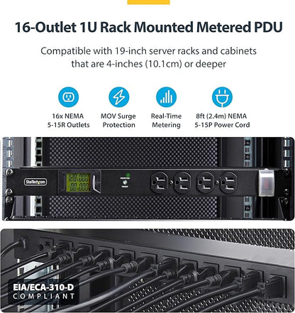 StarTech.com 16-Outlet Horizontal Rack Mount Metered PDU, 1U Server Power Strip w/Surge Protector, 8ft/2.4m Power Cable, TAA