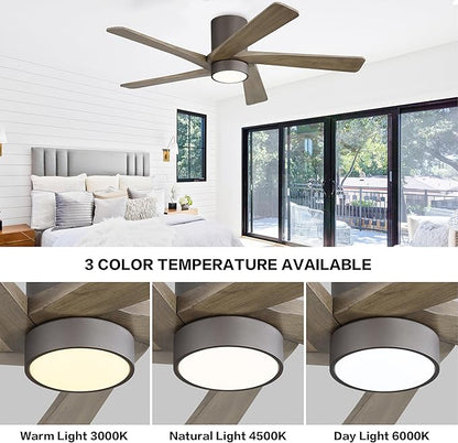 WINGBO 48 Inch Flush Mount DC Ceiling Fan with Lights and Remote, 5 Reversible Carved Wood Blades, 6-Speed Noiseless DC Motor, Hugger Ceiling Fan in Graphite Finish with Gray Blades, ETL Listed