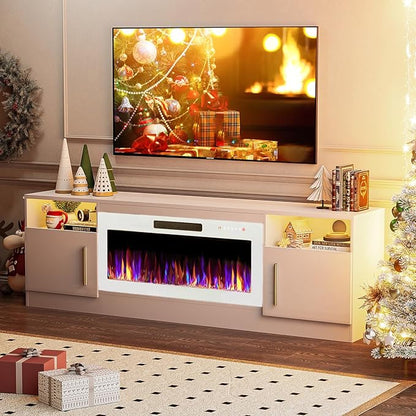 VITESSE TV Stand Fireplace with 36" inch Electric Fireplace Up to 80" TVs, LED Light Entertainment Center, 70" Modern Wood High Gloss with Highlight Storage Cabinet for Living Room (White)