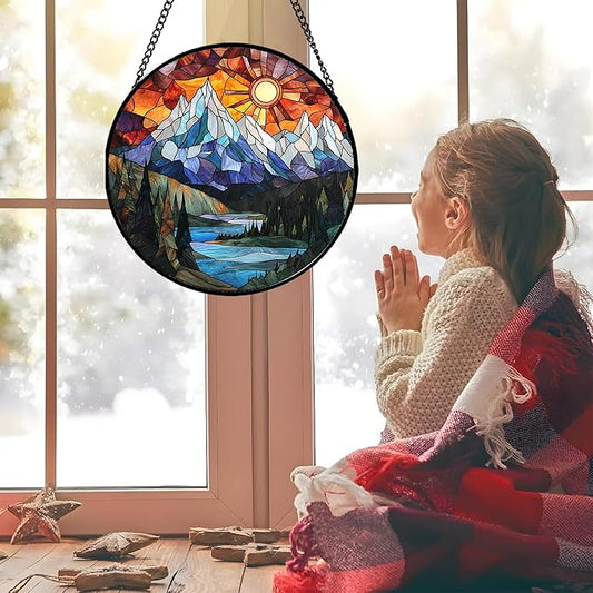 AMDERVEN Stained Glass Window Hanging - Colorful Mountain Lake Landscape Sun Catcher for Door Garden Home Decor Suncatcher Christmas Mother's Day Birthday Gifts for Women Men Mom Nana 9.8 in
