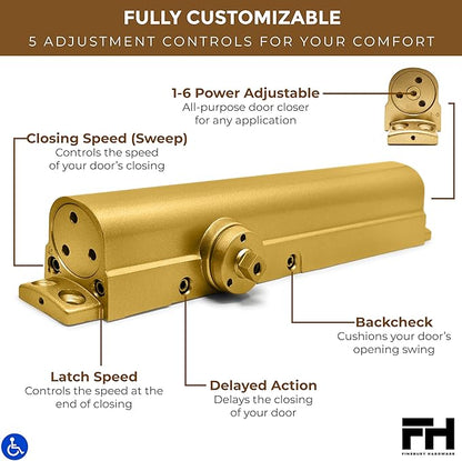 Commercial Door Closer Automatic Heavy Duty High Traffic Adjustable ANSI/BHMA Grade 1 Standard, UL Listed ADA Compliant Hydraulic Backcheck Delayed Action Latch Speed 1-6 Power (1, Matte Gold)