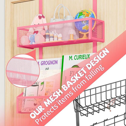 Kaiferty Over The Door Hooks Organizer, Coat Rack Over The Door Storage Hanger Towel Rack, Back of Door Storage Organizer for Bathroom,Bedroom,Kitchen,Office (Pink, 3-Tier)