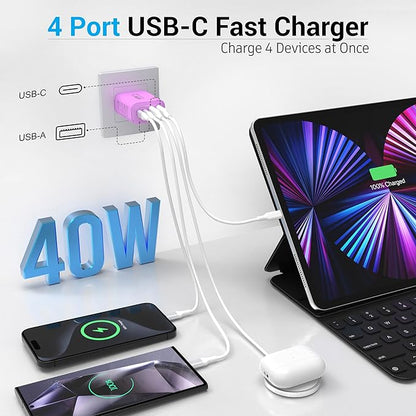 TT&C USB C Block 40W, 4 Ports Wall Plug Fast Charging Block, PD+QC Multiport Power Adapter USB C Charger Type C for iPhone 17,17 Air, 17 Pro,17 Pro Max, 16,15,14,13,12, Galaxy Phones (Purple 1Pack)