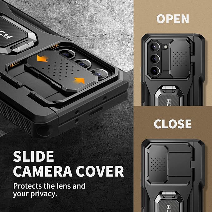 Tongate for Z Fold 6 Case with Ring Stand, Built-in S Pen Holder & HD Glass Screen Protector Rugged Z6 Phone Case with Slide Camera Cover & Belt Clip for Samsung Galaxy Z Fold 6 2024, Black HD Film