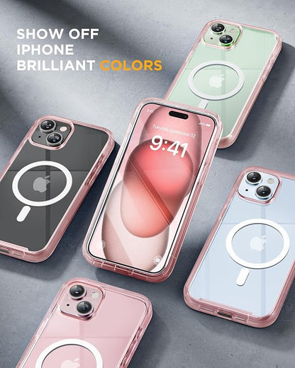 Miracase Glass Series for iPhone 15 Case [Compatible with MagSafe] Full-Body Magnetic Case with Built-in 9H Tempered Glass Anti-Fingerprint Screen Protector + Camera Lens Protector, Clear Pink