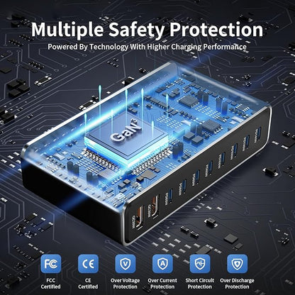 800W USB-C Charging Station GaN III 10-Port & 6.6ft 240W Cable, Compatible with iPhone, ipad, Samsung, Pixel, MacBook and Notebook etc.