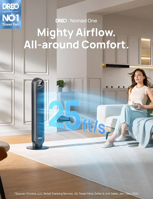 Dreo Tower Fan for Bedroom, 25ft/s Velocity Quiet Floor Fan, 90° Oscillating Fans for Indoors with 4 Speeds, 4 Modes, 8H Timer, Standing Fans, Bladeless Fan, Black, Nomad One (DR-HTF007)