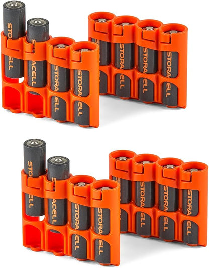 Storacell Slimline AA-4 Battery Storage Caddy and Dispenser (Pack of 4), Orange, Holds 4 AA Batteries (Not Included), Durable & Compact Design, The Original Battery Caddy, Made in The USA