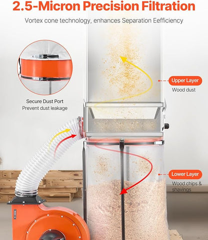 VEVOR Dust Collector, 1100 CFM 2.5 Micron Vortex Cone Dust Collectors, 1.5HP Sawdust Collection System with 35-Gallon Dusts Collector Bag & 42-Gallon Filter Bag, 3400 RPM High Speed, for Woodworking