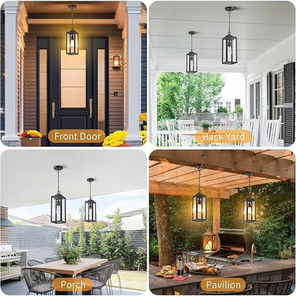 MYHXQ 15'' Large Motion Sensor Outdoor Pendant Lights, Dusk to Dawn Modern Outside Chandelier Outdoor Hanging Lantern with Clear Glass, Exterior Pendant Lighting Fixture for Porch, Yard, Black, 1Pack