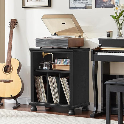 Joaxswe Record Player Stand with Vinyl Record Storage, 24" Wide Mid-Century Record Player Table Up to 200 Albums,Large Wood Turntable Stand Cabinet Dispaly Shelf for Living Room,Bedroom,Black