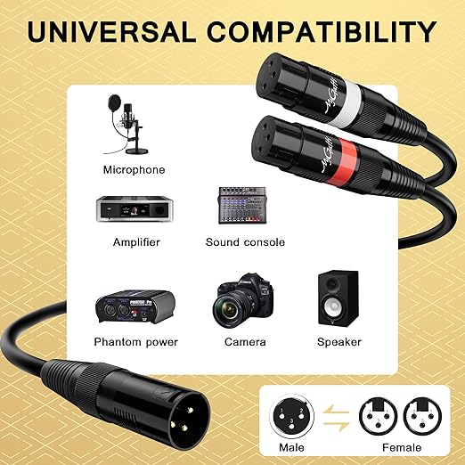 Mygatti XLR Splitter Y-XLR Cable 15 FT, Gold-Plated 3-Pin XLR Male to Dual XLR Female Patch Y Cable, Bi-Directional Balanced Microphone Adapter Cord, 1 XLR to 2 XLR Cable, Oxygen-Free Copper