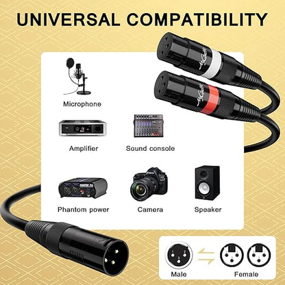 Mygatti XLR Splitter Y-XLR Cable 15 FT, Gold-Plated 3-Pin XLR Male to Dual XLR Female Patch Y Cable, Bi-Directional Balanced Microphone Adapter Cord, 1 XLR to 2 XLR Cable, Oxygen-Free Copper