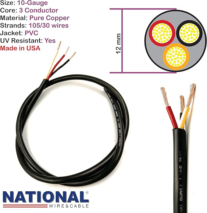 NATIONAL Wire & Cable – 10 AWG 3-Conductor Premium Copper Wire, 250 ft, Stranded | Made in USA, Heavy-Duty Flexible Jacket | Automotive, Solar, Battery, Indoor and Outdoor Use