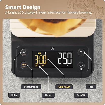 Greater Goods Coffee Scale with Timer – 0.1g Precision Digital Coffee & Espresso Scale for Pour-Over, Coffee Bean Weighing, Barista Brewing, Waterproof Cover, 3kg Capacity (Birch White)