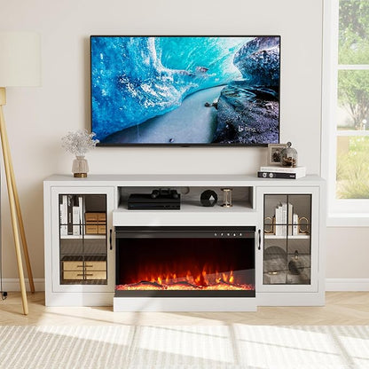 CharaVector 63 inch Fireplace TV Stand for TVs up to 75" with 30" 3-Sided Electric Fireplace, Farmhouse Entertainment Center with Glass Doors & Storage Cabinet, White Oak