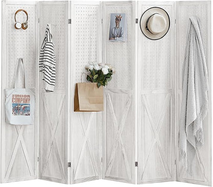 ALeesing 6 Panel Pegboard Room Divider, 5.6Ft Pegboard Display Folding Privacy Screens, Wood Room Divider Peg Board Display Freestanding for Trade Show Craft Show Home Wall Organizer, Retro White