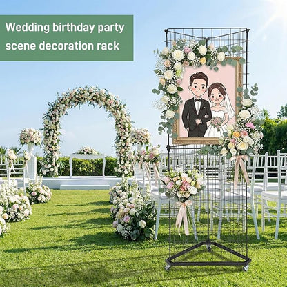 Brobear Triangular Gridwall Panel Display Stand with Base and Casters, 360-degree rotation Wire Wall Grid 24"x68" Rolling Grid Wall Tower for Retail, Trade Show, Vendor Events and Home Organization