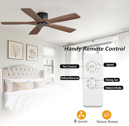 WINGBO 54" Flush Mount DC Ceiling Fans without Lights, 5 Carved Solid Wood Blades, 6-Speed Reversible DC Motor, Low Profile Hugger Ceiling Fan No Lights for Living Room Bedroom Patio, Black and Walnut