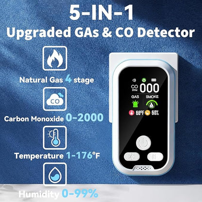 5 in1 Carbon Monoxide Detector Combo with HD Screen Monoxide Alarm, Detects CO, Natural Gas, Smoke, Temperature, and Humidity for Home, Apartment, Hotel, Camping RV Safety Gifts Idea