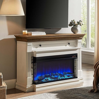 OKD 52 Inch Electric Fireplace with Mantel, Fireplace TV Stand with 36" 3-Sided Glass Electric Fireplace Heater for Living Room (Antique White)