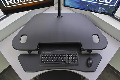 Rocelco 46" Height Adjustable Corner Standing Desk Converter with Dual Monitor Arm Bundle - Quick Sit Stand Up Computer Workstation Riser - Extra Large Keyboard Tray - Black (R CADRB-46-DM2)
