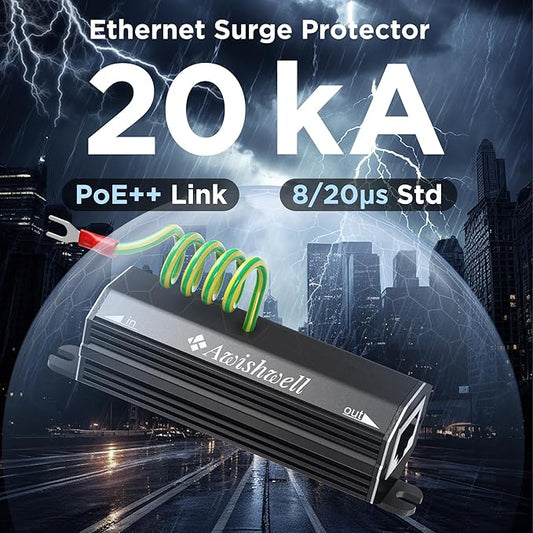 Awishwell Ethernet Surge Protector Gigabit, 10 Pack PoE++ RJ45 Surge Protector 1000Mbps, 20KA Metal Shielded Lightning Arrestor LAN Network CAT5/CAT6 Thunder Arrestor-Mounting Flange