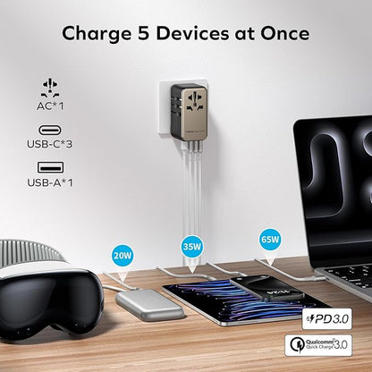 MOMAX Universal Travel Adapter, 120W GaN Fast International Power Adapter, 3 USB C & 1 USB A, Worldwide Travel Plug Adapter, All-in-One Worldwide Wall Charger for USA European UK AUS (Type C/G/A/I)