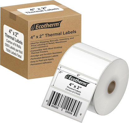 4" x 2" Thermal Labels | 6 Rolls | 7500 Labels | fits Zebra, Munbyn, Rollo, Godex, Arkscan, iDPRT, Offnova Thermal Label Printers and More | Blank White Adhesive Stickers by Ecotherm