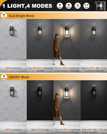 LTBLIGHT Motion Sensor Dusk to Dawn Outdoor Light, 4-Modes Adjustable Black Exterior Lighting Fixture, Waterproof Outside Wall Mount Lantern for Home, Entry, Backyard, Patio, 120V