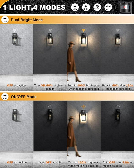 LTBLIGHT 2-Pack Motion Sensor Outdoor Lights, Modern Black Dusk to Dawn Porch Light Lanterns with 4 Modes, Waterproof Exterior Lighting for House, Patio, Garage, Front Door, 120V