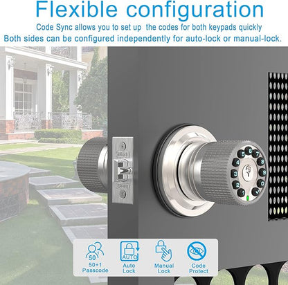 Double Sided Keypad Door Knob with Dual Cylinders and Key Alike, iuknob Keyless Entry Smart Door Lock for Entrance, Fence, Gate, Swimming Pool,Waterproof and Weatherproof for Outdoor & Interior Door.