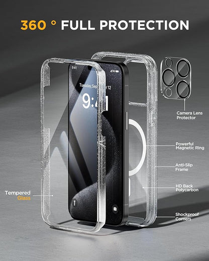 Miracase Magnetic for iPhone 12 Pro Max Case [Compatible with MagSafe] Full-Body Phone case with Built-in Glass Screen Protector& Camera Protector, Military Drop Proof 12 Pro Max Cover, Clear Glitter