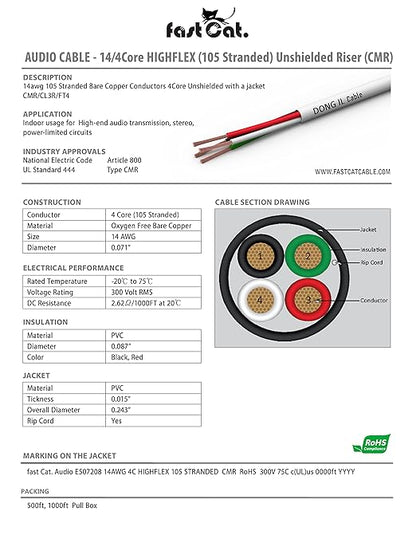 fast Cat. Speaker Wire 14 Guage 4C, UL Listed & CMR/CL3R-FT4 Rated - Speaker Cable w/PVC Jacket, 100% Oxygen-Free Pure Bare Copper - (105) HighFlex 14 Guage Wire - in-Wall Use-500ft Bulk Cable, White