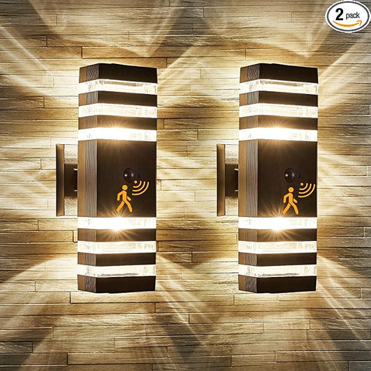 2 Pack Motion Sensor Outdoor Wall Light Fixture Up Down Porch Lights Modern Dusk to Dawn Exterior Sconce Light Wall Mount Outside Coach Lantern for House Front Door Garage (With 4 Dimmable Warm Bulbs)