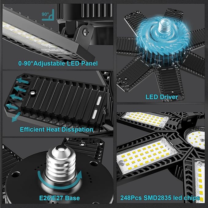 CHENGCHILIT LED Garage Light 6 Pack - 200w 20000LM 6500K Garage Lights Ceiling LED with 7+1 Adjustable Panels, Shop Lights Screw in E26 E27 Bulb Socket for Workshop, Storage Room, Basement, Warehouse