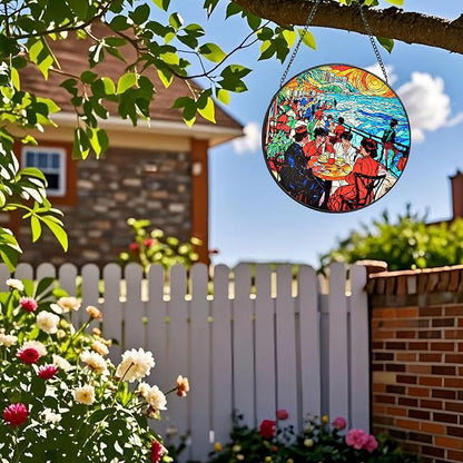 Stained Glass Window Hanging, Stunning 8''/20CM Suncatchers for Windows with Fade Resistant Hand-Painted Decorative Hanging Ornaments Captures Sunlight to Create a Vibrant Atmosphere (Beach Cafe)