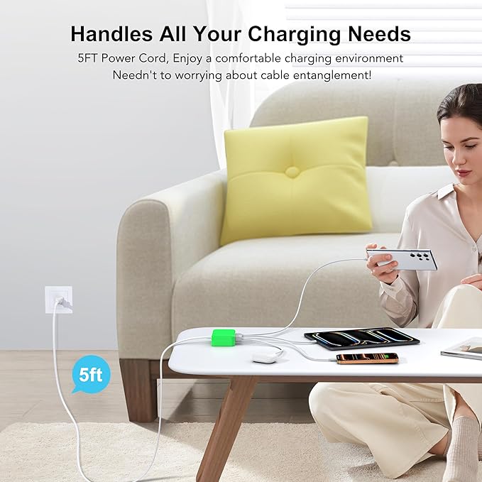 USB C Fast Charger, 100W GaN 6 Port Type C Charging Station Hub Block Cube, USB C Wall Charger Power Strip Adapter Plug for iPad iPhone 17 16 15 14 13 12 Pro Max Pixel Note Galaxy, 5ft Cord