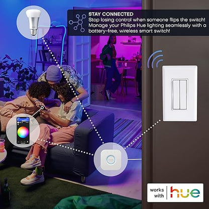 RunLessWire Click for Philips Hue – Battery-Free Wireless Smart Light Switch, 30ft Range – Works Natively with Philips Hue Bridge – Wall Mount Kinetic Switch - Decora Style, Light Almond