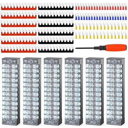 GAGIRA 6 Sets Terminals Block Strips, 6Pcs 25A 600V 12 Positions Screw Terminal Block + 12Pcs Insulated Terminals Barrier Strip + 70Pcs Wire Connector + Screwdriver