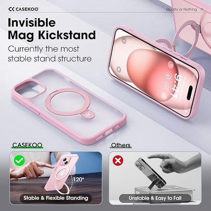 CASEKOO Designed for iPhone 15 Case with Magnetic Invisible Stand [Military Drop Protection] [Compatible with MagSafe] Shockproof Slim Translucent Matte Case 6.1 Inch, Pink