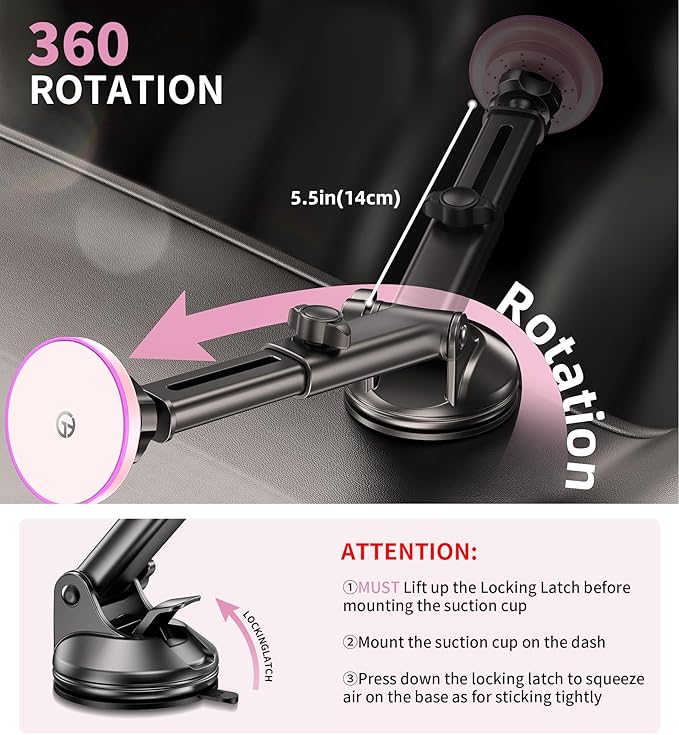 for MagSafe Car Mount Charger Dash/Windshield/Vent Wireless Car Charger with [LED Light], Strong Magnetic Phone Holder for Car for iPhone 16 15 14 13 12 Series, Fit MagSafe Accessories (Pink)