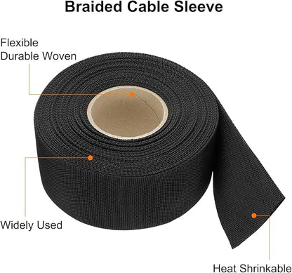 MECCANIXITY Braided Cable Sleeves Heat Shrinkable Fabric Sleeving, 1 9/16" 40ft Black 2:1 Ratio Heat Shrinkable Cord Protector for Harness Cable, Network Cable Protection, Cable Management