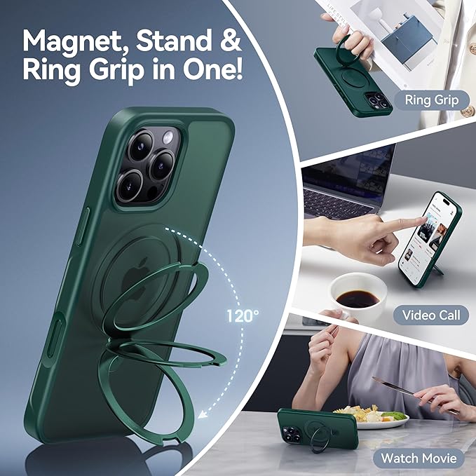 CASEKOO Designed for iPhone 16 Pro Case with Magnetic Invisible Stand [Military Drop Protection] [Compatible with MagSafe] Shockproof Slim Translucent Matte Case 6.3 Inch, Green
