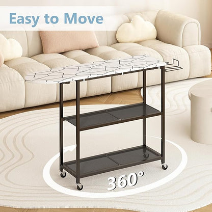 GILLAS Ironing Board with 2 Tier Storage Basket, Movable Ironing Board Full Size for Iron Rest & Clothes, Tabletop Ironing Boards, Ironing Stand Iron Boards Ironing Table Rustic, White