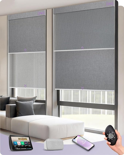Graywind Motorized Dual Shades for Windows Smart Double Blinds Blackout and Solar Motorized Blinds with Remote Alexa Google Control Day Night Shades, Custom Size (Blackout Light Grey)