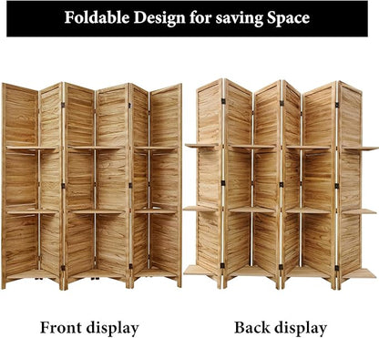 Partition Room Dividers, Folding Wood Privacy Screen with Three Display Shelves Suitable for Home Office, Study, Art Display - 6 Panel, 67 * 77inch (Wood)