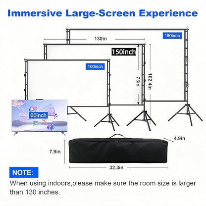 VntB Outdoor Projector Screen with Stand, 150 inch Portable Projection Screen Wrinkle-Free 16:9 4K HD Rear Front Movie Screen with Carry Bag for Indoor Home Theater, Camping and Backyard Entertainment